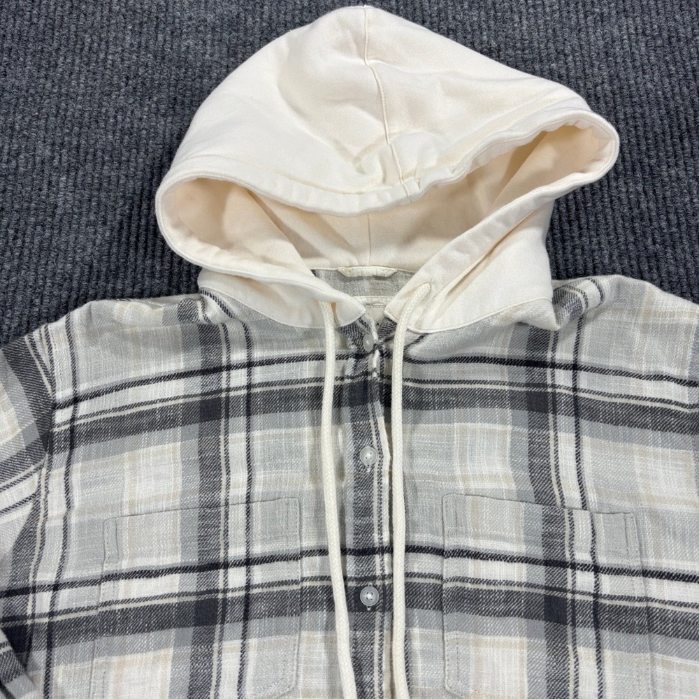 American Eagle Hooded Flannel Shirt Mens Medium Grey Plaid Layered Look